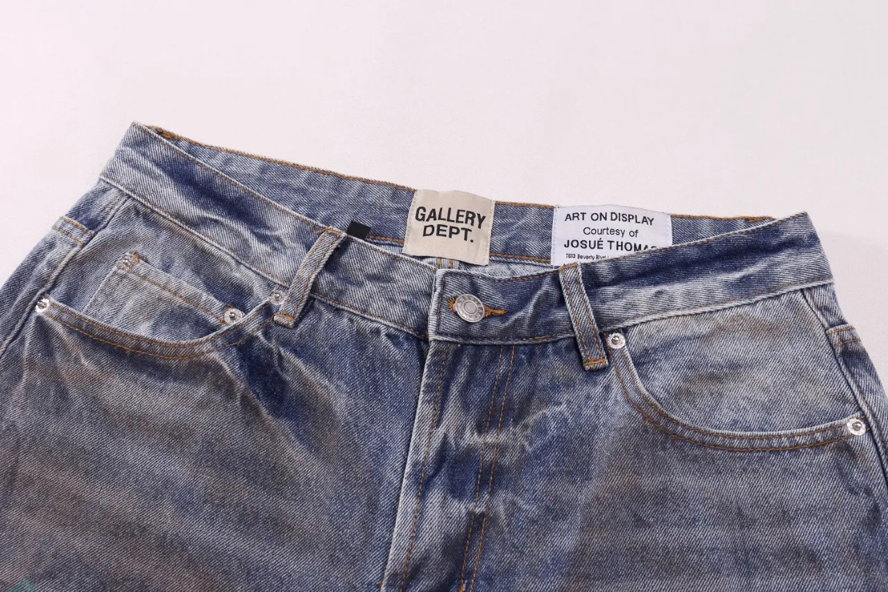652#Gallery Dept New Retro Dirty Feng Shui Washed Mud Dye Knife Cut Splash Ink Jeans American High Street Casual Trousers Washed Blue S～XL p250